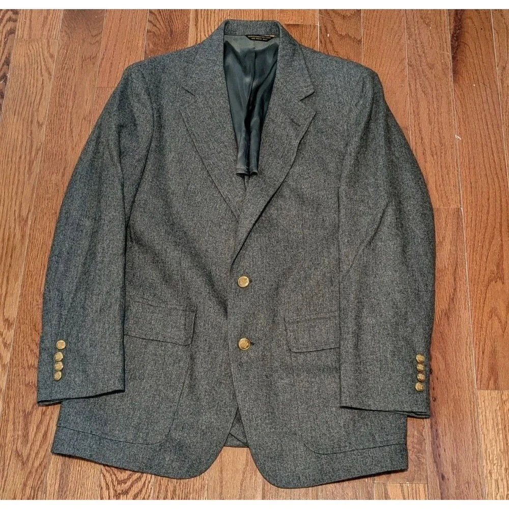 Vtg USA Made Gray Wool Flannel Men's 44R Blazer Suit Jacket Sport Coat Old Money